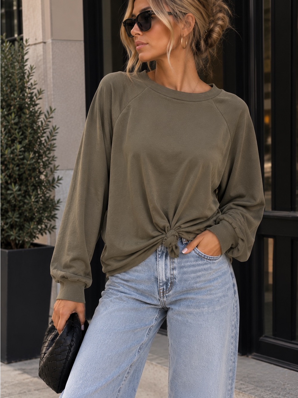 Forever 21 Olive Knot-Front Pullover Sweatshirt